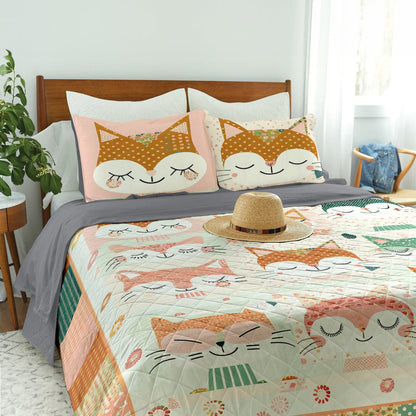 Ceeprints Quilt 3-Piece Set Cute Cat Cotton Fabric Pattern