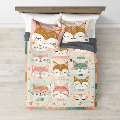 Ceeprints Quilt 3-Piece Set Cute Cat Cotton Fabric Pattern