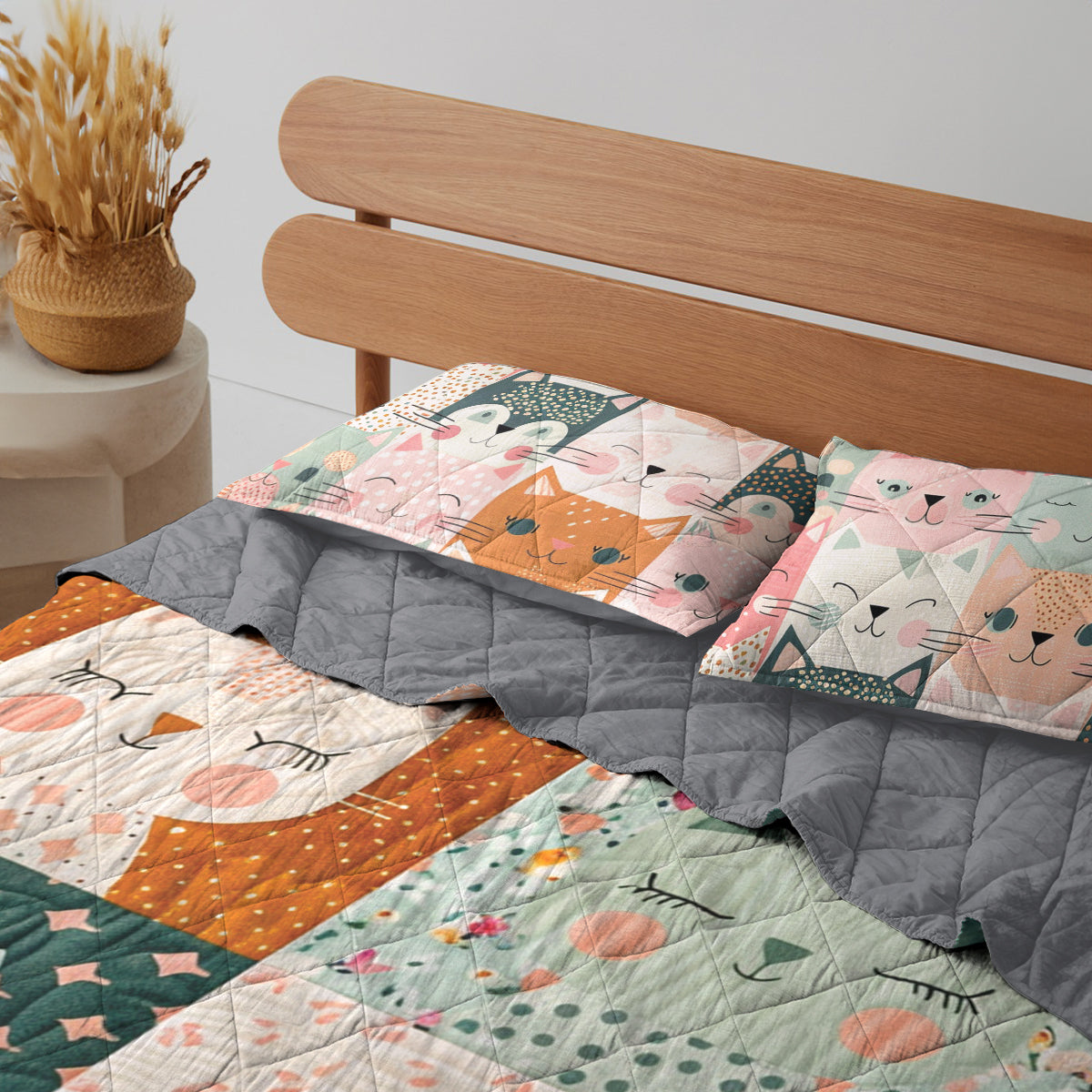 Ceeprints Quilt 3-Piece Set Happy Cat Cotton Fabric Pattern