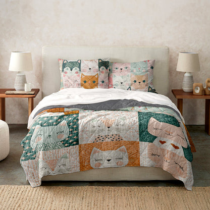 Ceeprints Quilt 3-Piece Set Happy Cat Cotton Fabric Pattern