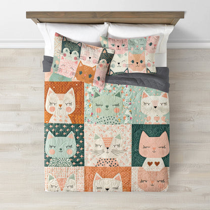 Ceeprints Quilt 3-Piece Set Happy Cat Cotton Fabric Pattern