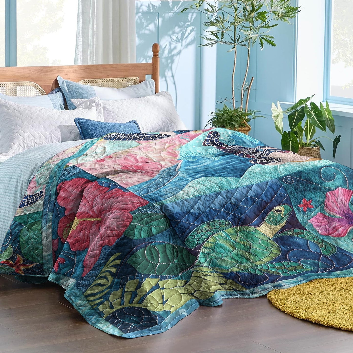 Ceeprints Quilt 3-Piece Set Sea Turtle Tropical Flower