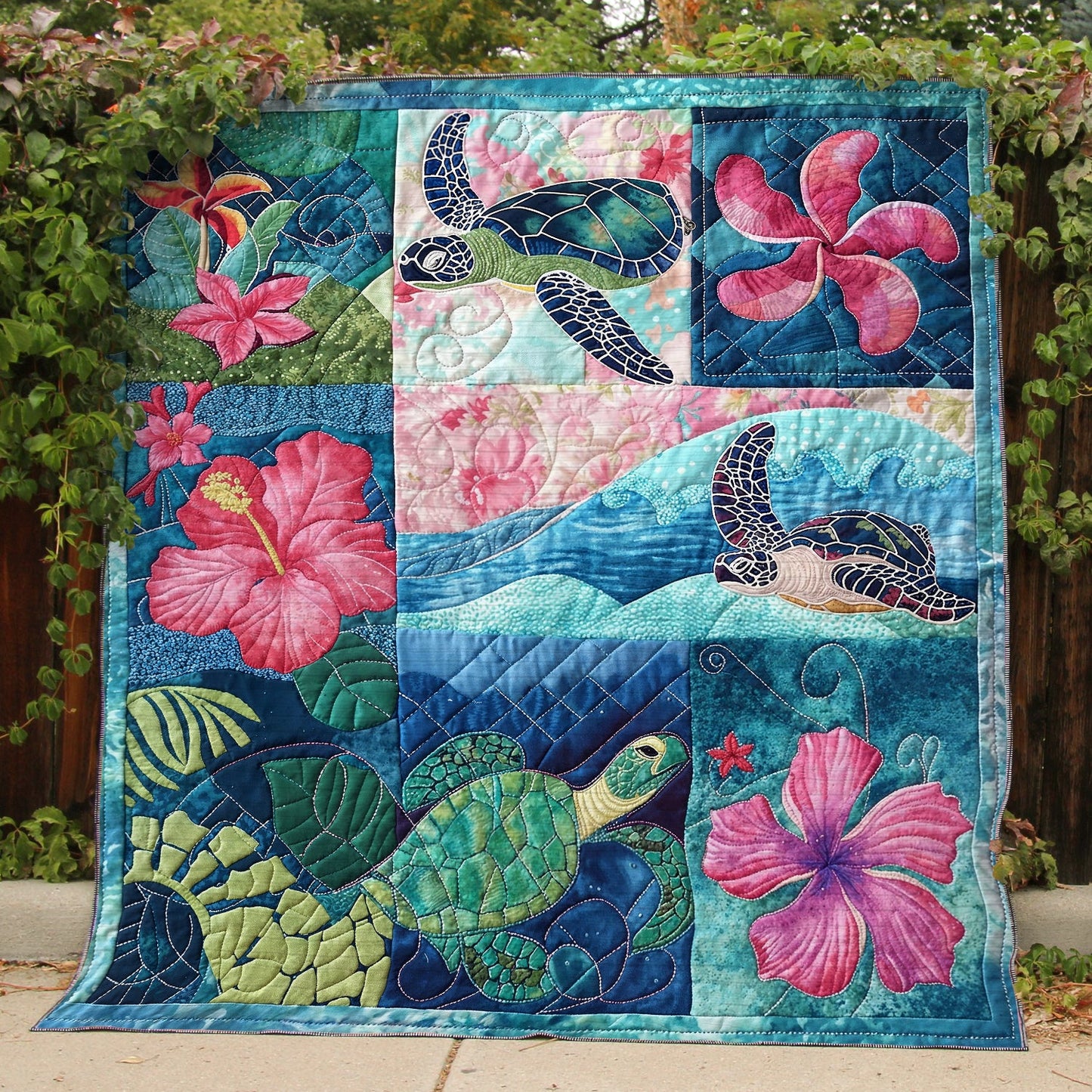 Ceeprints Quilt 3-Piece Set Sea Turtle Tropical Flower