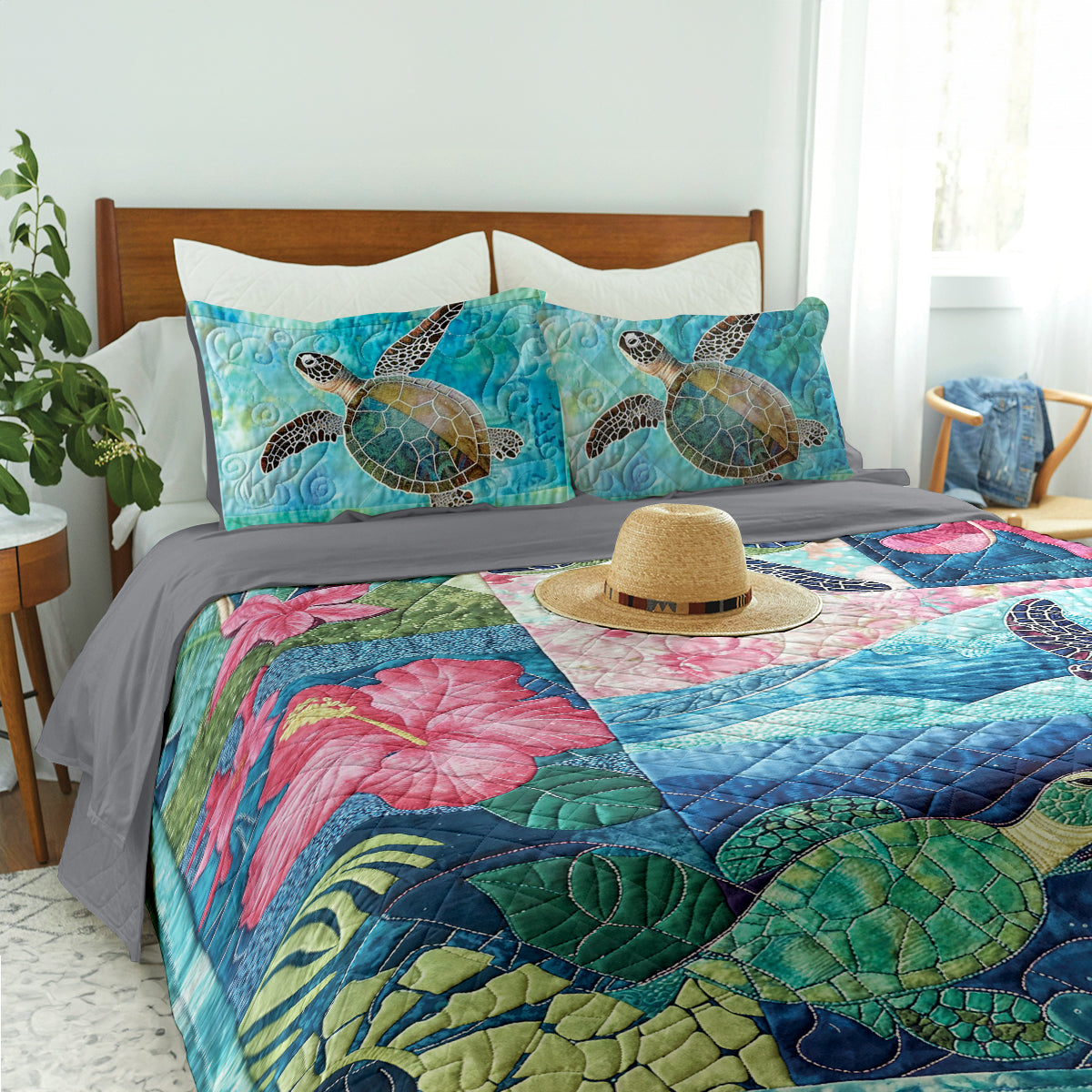 Ceeprints Quilt 3-Piece Set Sea Turtle Tropical Flower