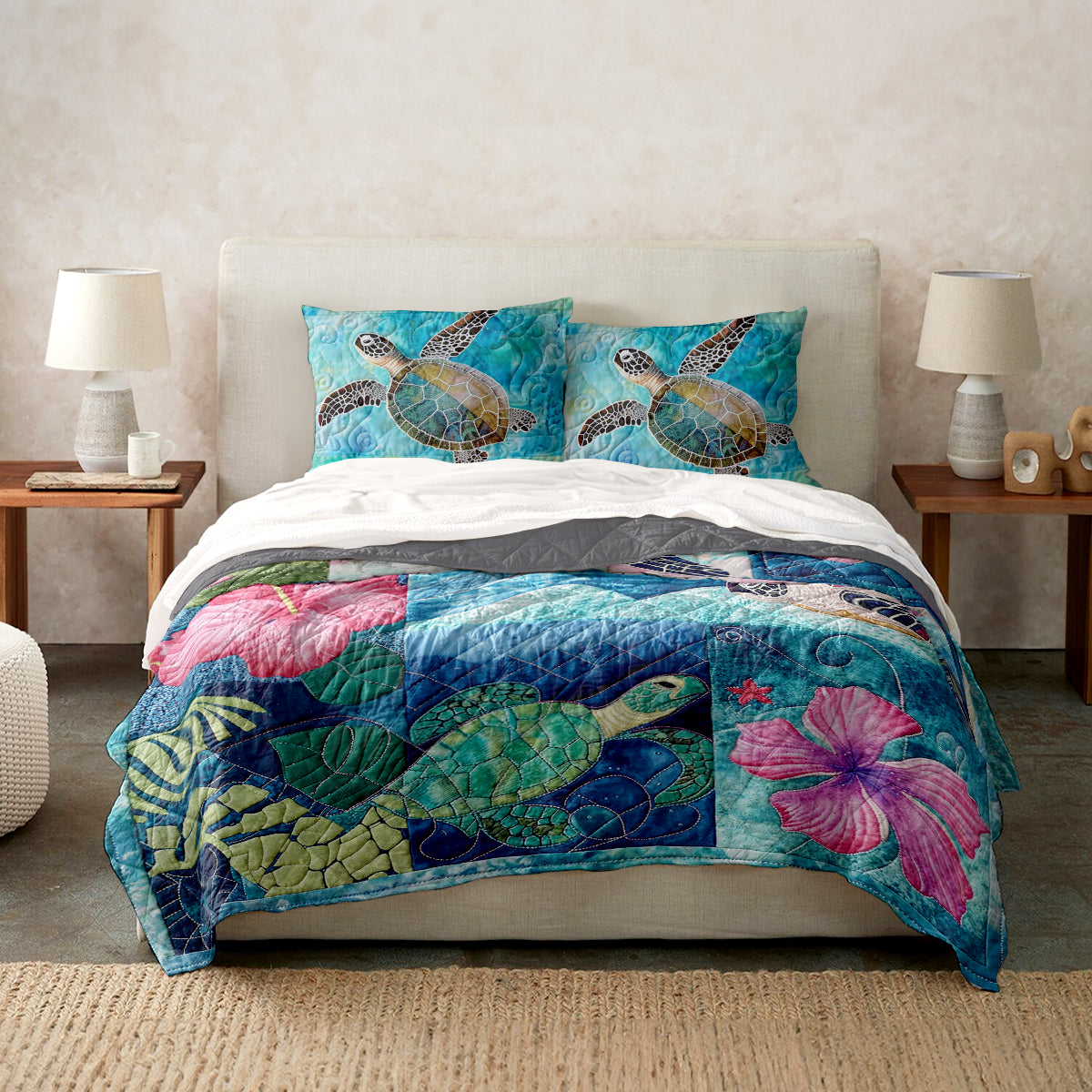 Ceeprints Quilt 3-Piece Set Sea Turtle Tropical Flower